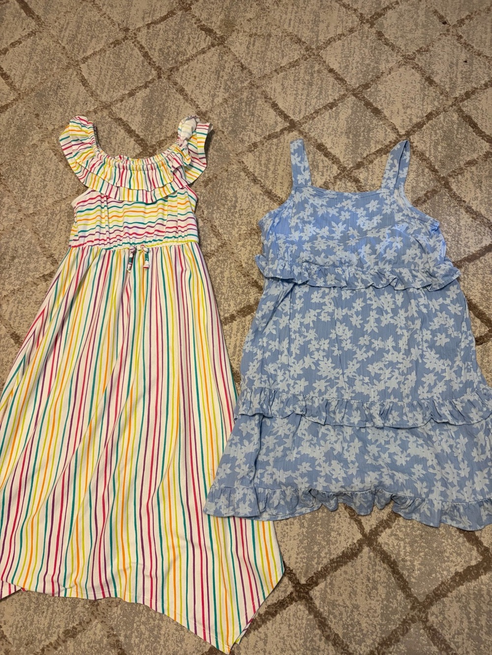Light Blue & White Floral Sundress and Cat & Jack colorful stripes dress